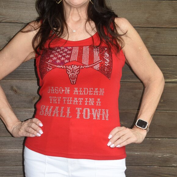 Jason Aldean Rhinestone  bling red sleeveless tank top  XS,S,M,L,XL,XXL, … - Picture 1 of 9